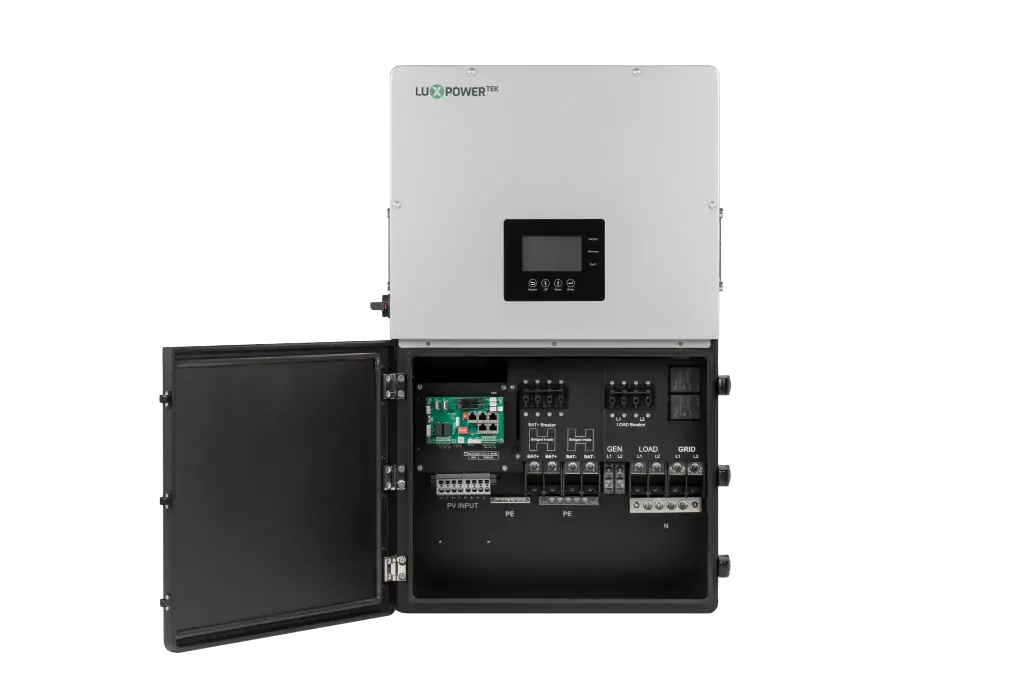  Inversor hibrido Luxpower de 8kW split phase 120/240V compatible con batería Lux-Li-5  y Pylontech US5000. Admite conexión en paralelo hasta 10 unidades.